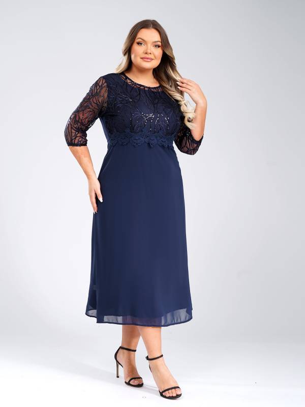 Women Plus Size Half Sleeves Sequins Embroidered Lace Calf Length Party Dress thumb