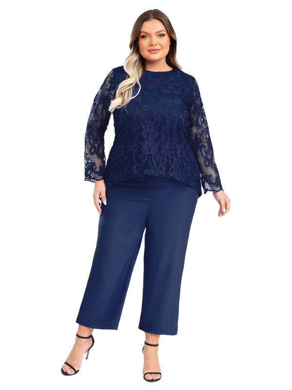 Women 2pcs Long Sleeve High-Low Embroidered Top and Wide-leg Pants Party Outfits thumb
