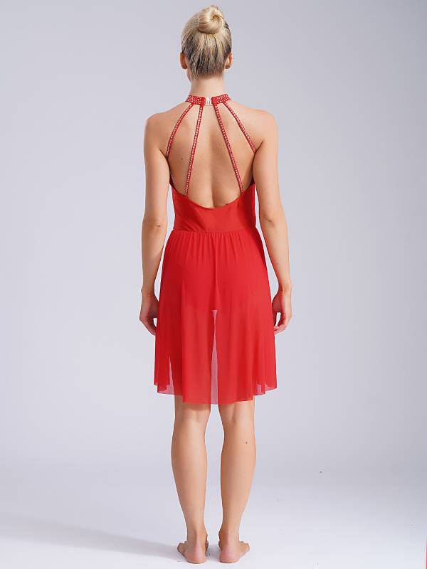 Women Sleeveless Backless Rhinestones Asymmetrical Leotard Dress for Skating thumb