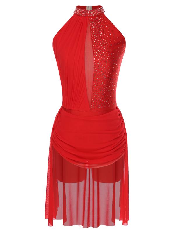 Women Sleeveless Backless Rhinestones Asymmetrical Leotard Dress for Skating thumb