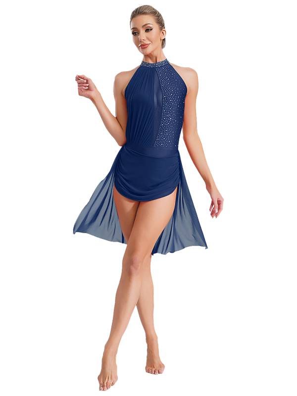 Women Sleeveless Backless Rhinestones Asymmetrical Leotard Dress for Skating thumb