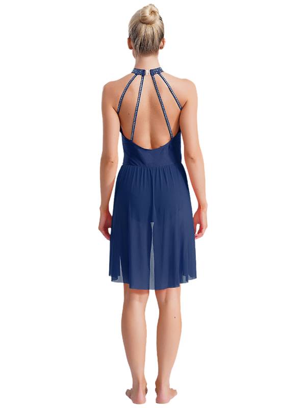 Women Sleeveless Backless Rhinestones Asymmetrical Leotard Dress for Skating thumb