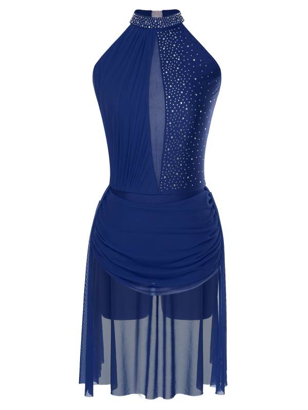 Women Sleeveless Backless Rhinestones Asymmetrical Leotard Dress for Skating thumb