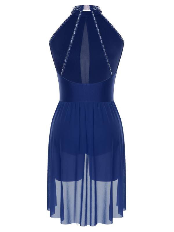Women Sleeveless Backless Rhinestones Asymmetrical Leotard Dress for Skating thumb