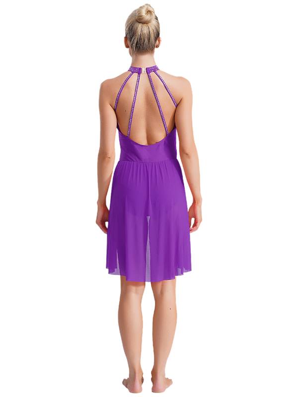 Women Sleeveless Backless Rhinestones Asymmetrical Leotard Dress for Skating thumb