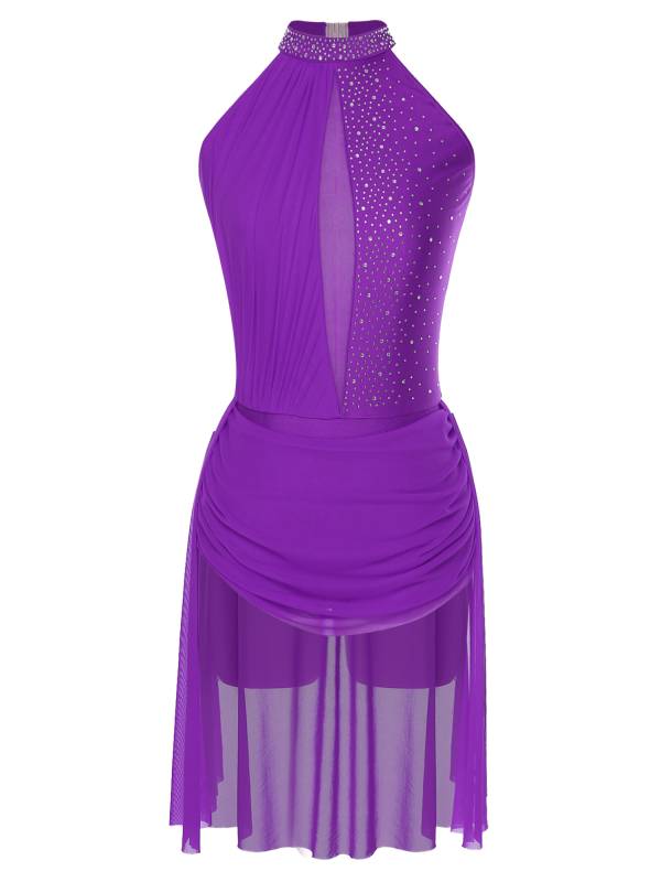 Women Sleeveless Backless Rhinestones Asymmetrical Leotard Dress for Skating thumb