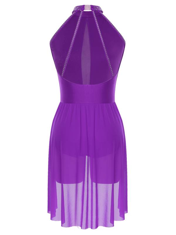 Women Sleeveless Backless Rhinestones Asymmetrical Leotard Dress for Skating thumb