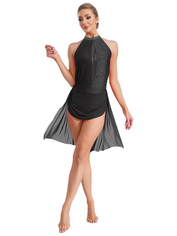 Women Sleeveless Backless Rhinestones Asymmetrical Leotard Dress for Skating thumb