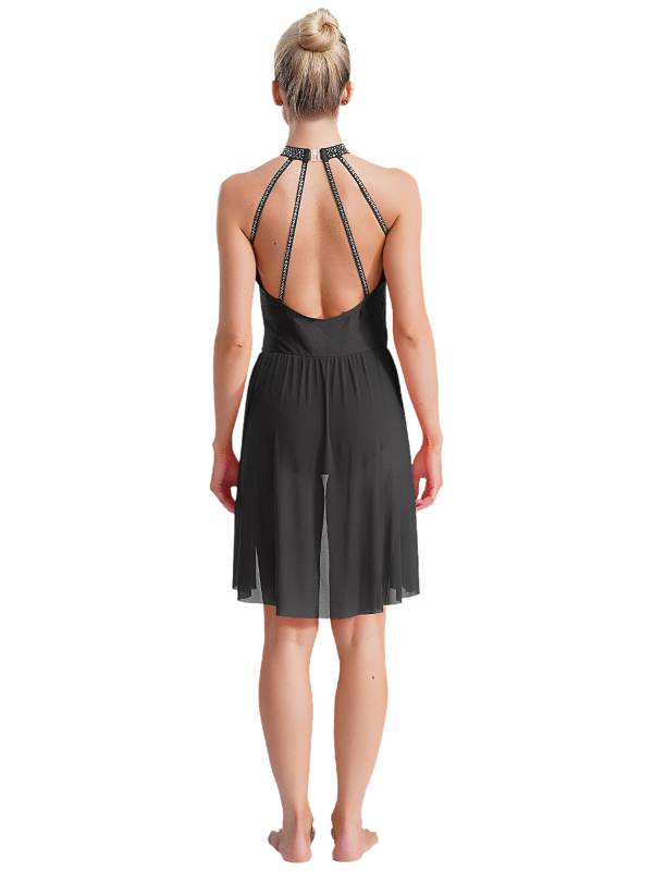 Women Sleeveless Backless Rhinestones Asymmetrical Leotard Dress for Skating thumb