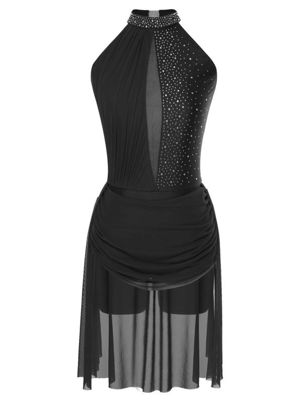 Women Sleeveless Backless Rhinestones Asymmetrical Leotard Dress for Skating thumb