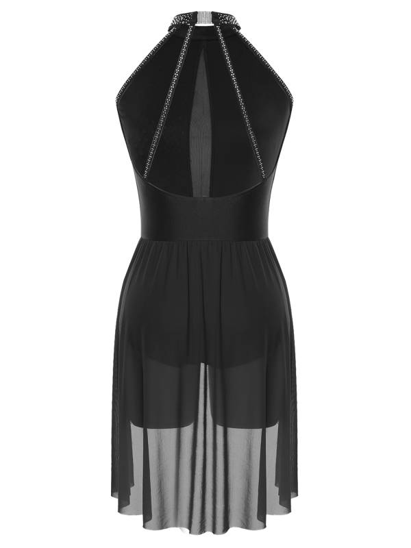 Women Sleeveless Backless Rhinestones Asymmetrical Leotard Dress for Skating thumb