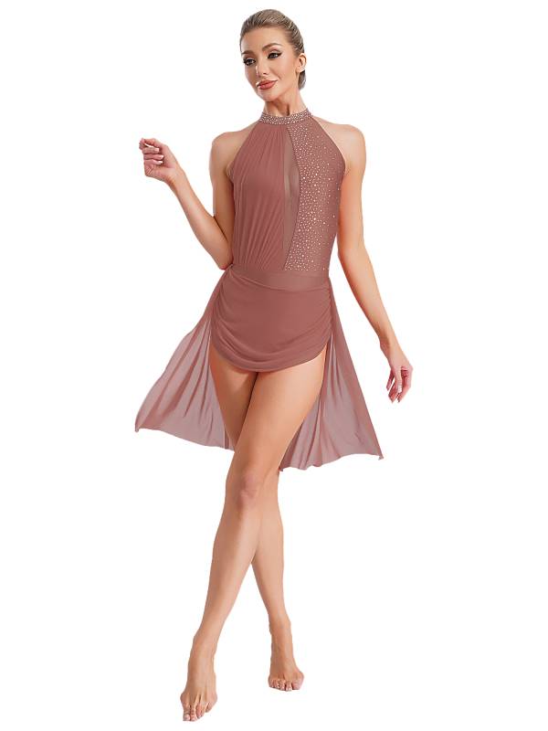 Women Sleeveless Backless Rhinestones Asymmetrical Leotard Dress for Skating thumb