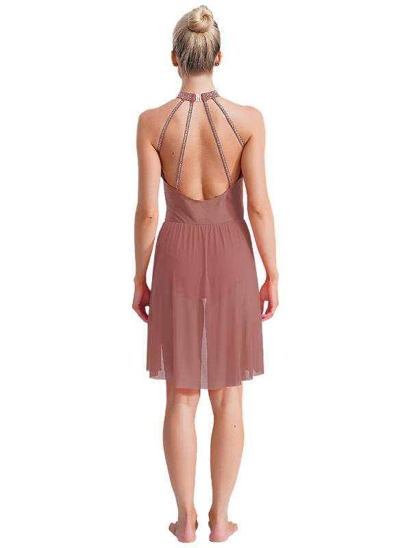 Women Sleeveless Backless Rhinestones Asymmetrical Leotard Dress for Skating thumb