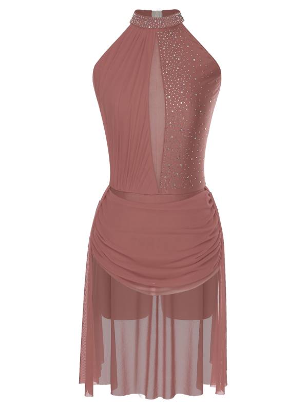 Women Sleeveless Backless Rhinestones Asymmetrical Leotard Dress for Skating thumb