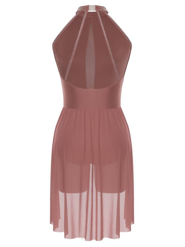 Women Sleeveless Backless Rhinestones Asymmetrical Leotard Dress for Skating thumb