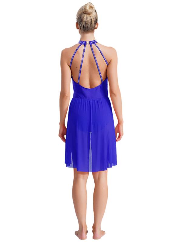 Women Sleeveless Backless Rhinestones Asymmetrical Leotard Dress for Skating thumb