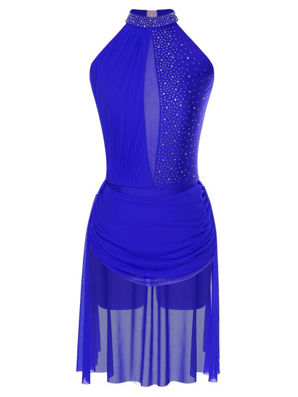 Women Sleeveless Backless Rhinestones Asymmetrical Leotard Dress for Skating thumb