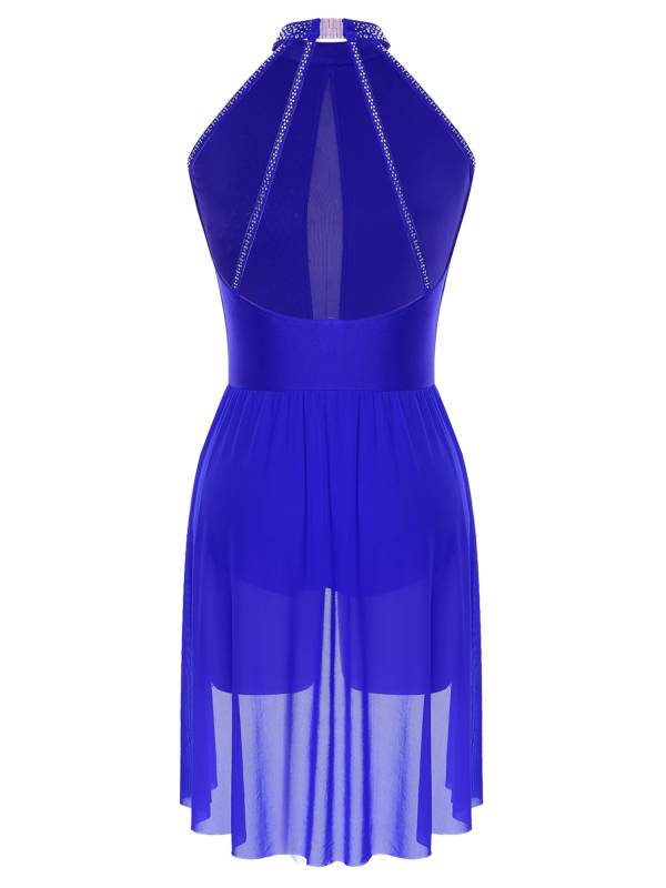 Women Sleeveless Backless Rhinestones Asymmetrical Leotard Dress for Skating thumb
