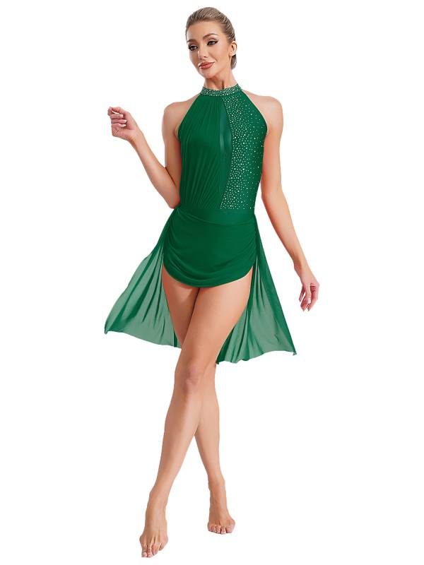 Women Sleeveless Backless Rhinestones Asymmetrical Leotard Dress for Skating thumb