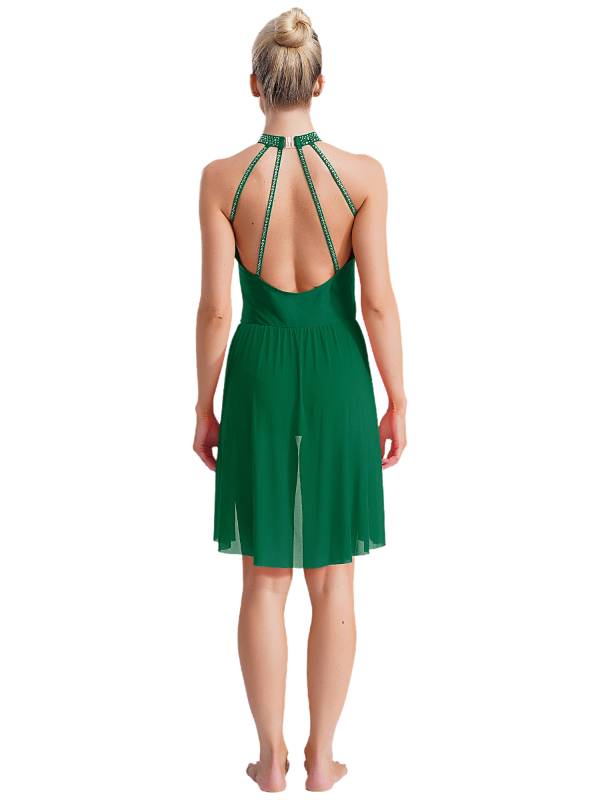 Women Sleeveless Backless Rhinestones Asymmetrical Leotard Dress for Skating thumb