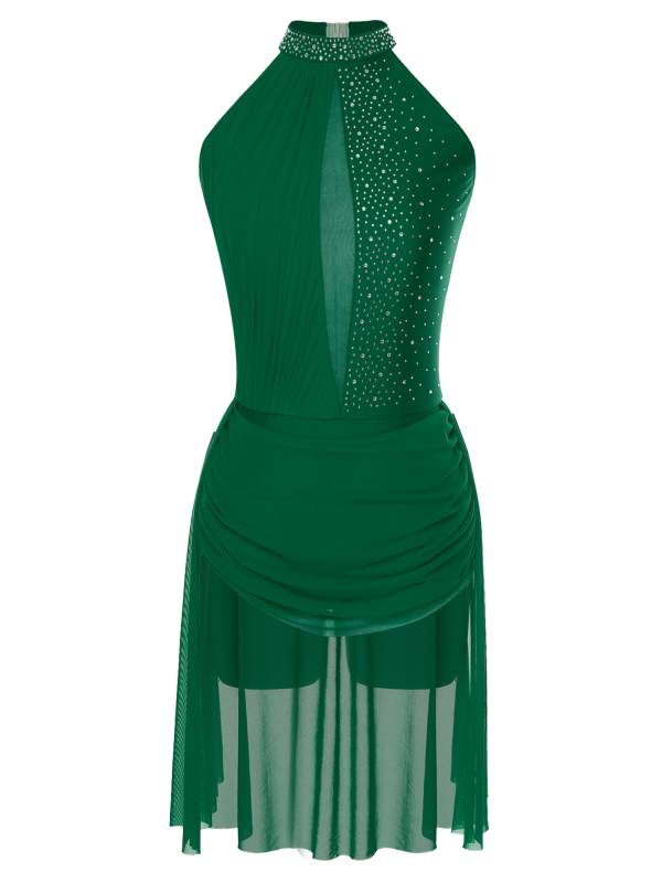 Women Sleeveless Backless Rhinestones Asymmetrical Leotard Dress for Skating thumb