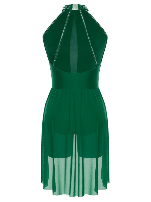 Women Sleeveless Backless Rhinestones Asymmetrical Leotard Dress for Skating thumb