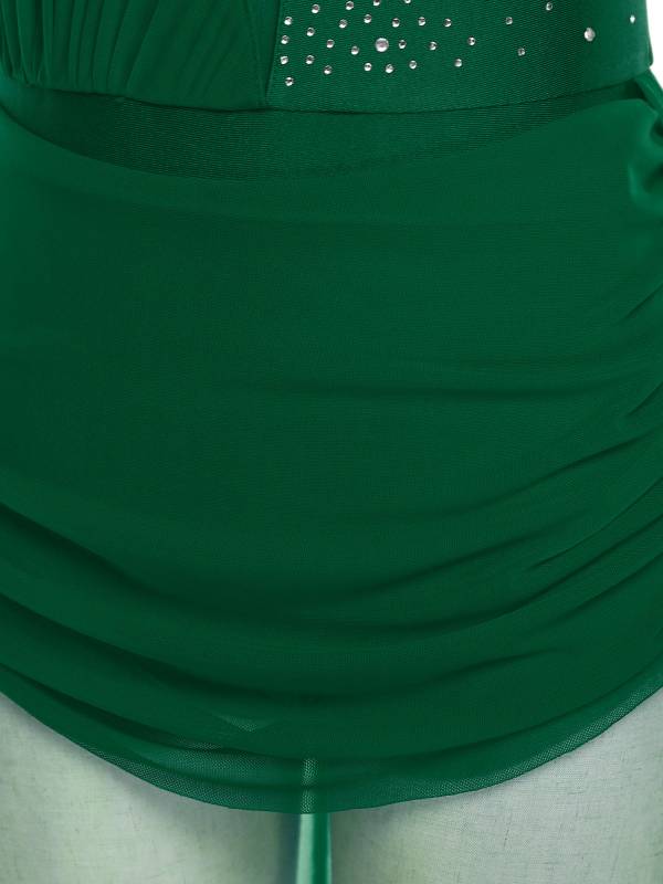 Women Sleeveless Backless Rhinestones Asymmetrical Leotard Dress for Skating thumb