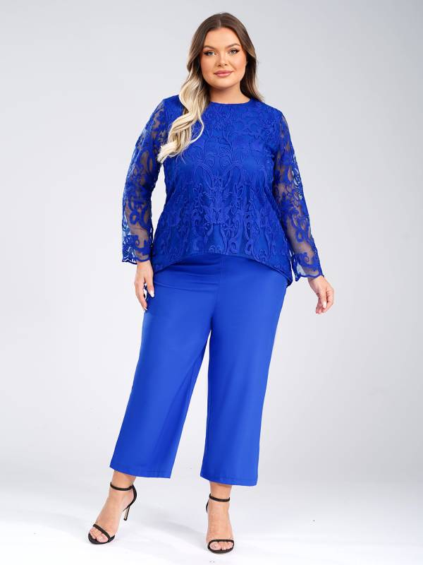Women 2pcs Long Sleeve High-Low Embroidered Top and Wide-leg Pants Party Outfits thumb