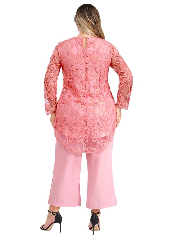 Women 2pcs Long Sleeve High-Low Embroidered Top and Wide-leg Pants Party Outfits thumb