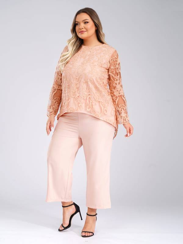 Women 2pcs Long Sleeve High-Low Embroidered Top and Wide-leg Pants Party Outfits thumb