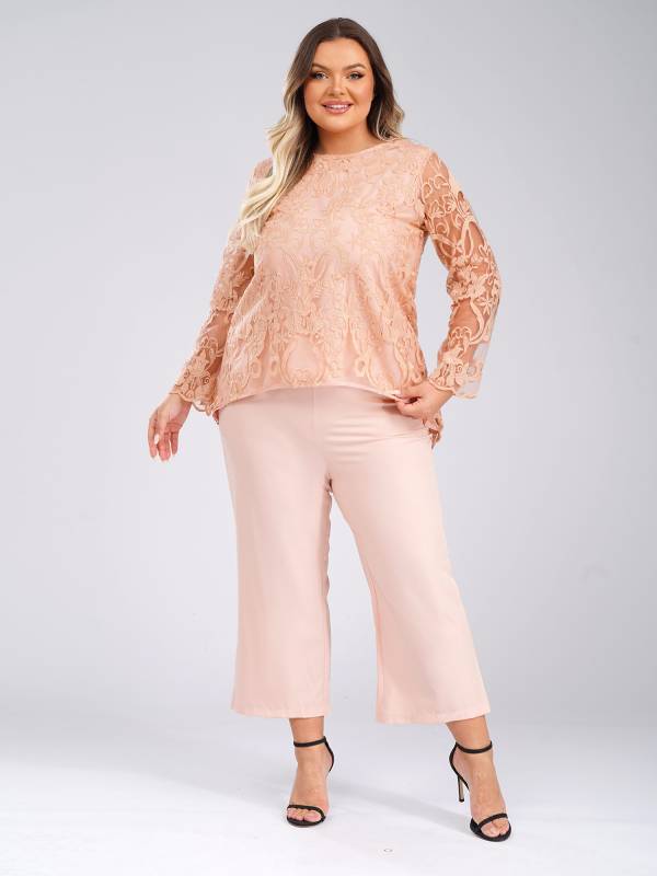 Women 2pcs Long Sleeve High-Low Embroidered Top and Wide-leg Pants Party Outfits thumb