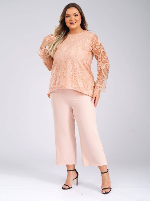 Women 2pcs Long Sleeve High-Low Embroidered Top and Wide-leg Pants Party Outfits thumb