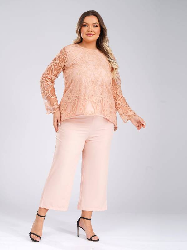 Women 2pcs Long Sleeve High-Low Embroidered Top and Wide-leg Pants Party Outfits thumb
