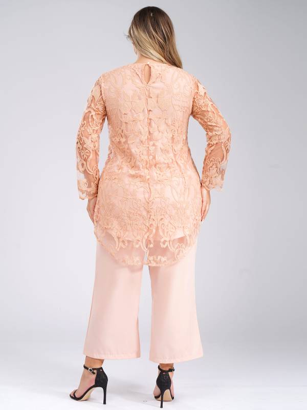 Women 2pcs Long Sleeve High-Low Embroidered Top and Wide-leg Pants Party Outfits thumb