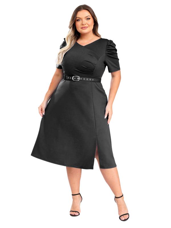Women V-neck Short Sleeve A-Line Dress with Belt for Banquet Wedding thumb