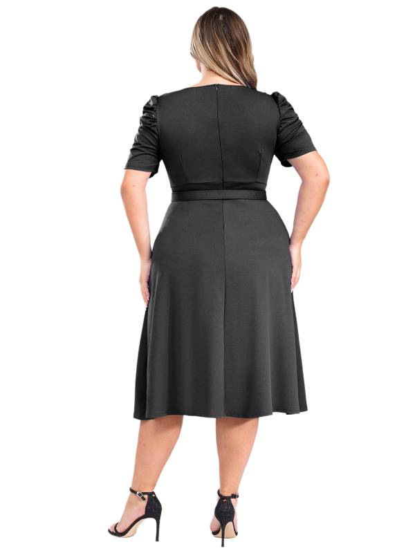 Women V-neck Short Sleeve A-Line Dress with Belt for Banquet Wedding thumb