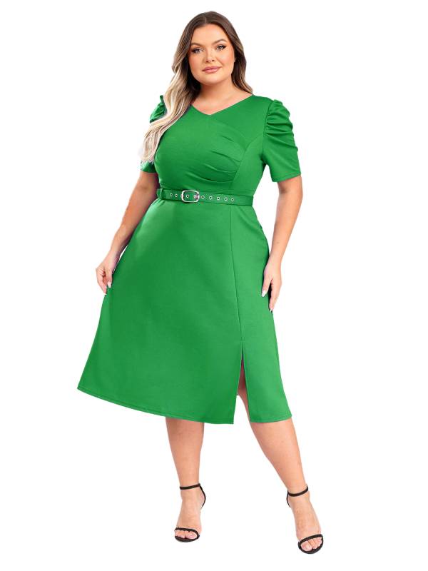 Women V-neck Short Sleeve A-Line Dress with Belt for Banquet Wedding thumb