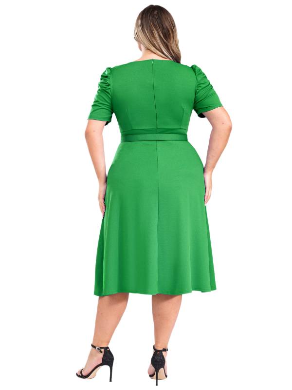 Women V-neck Short Sleeve A-Line Dress with Belt for Banquet Wedding thumb