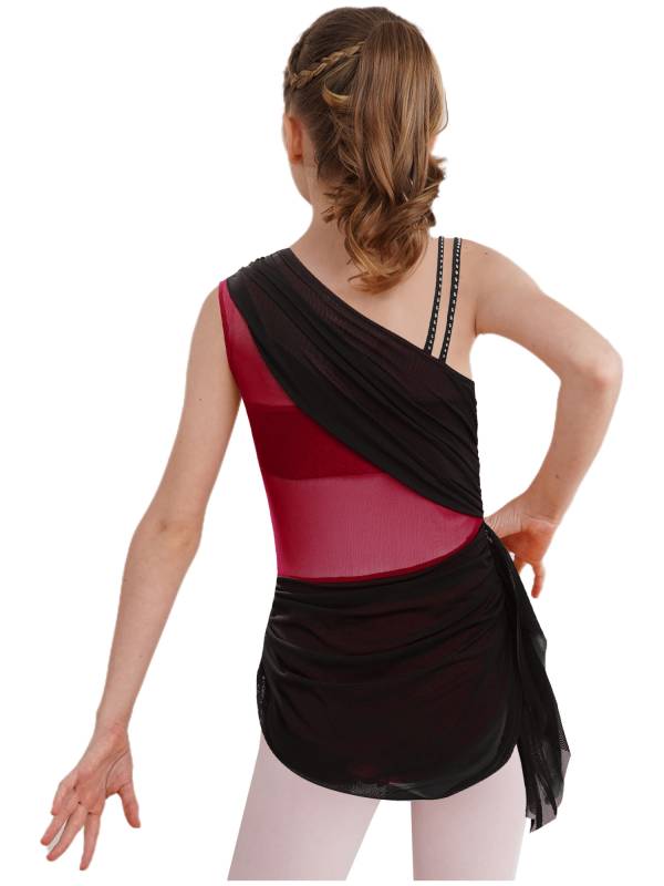 Girls Slseeveless Rhinestone Lyrical Dance Dress Color Block Skate Leotard Dress thumb