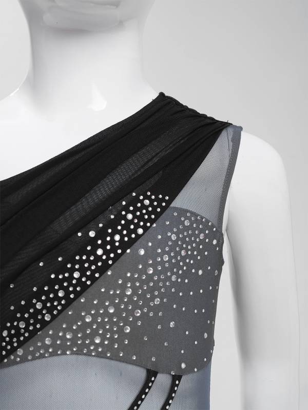 Girls Slseeveless Rhinestone Lyrical Dance Dress Color Block Skate Leotard Dress thumb