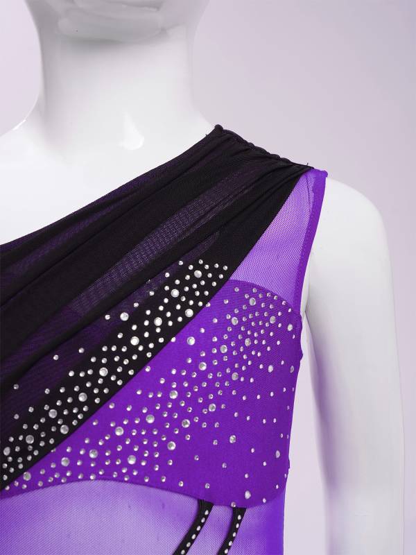 Girls Slseeveless Rhinestone Lyrical Dance Dress Color Block Skate Leotard Dress thumb