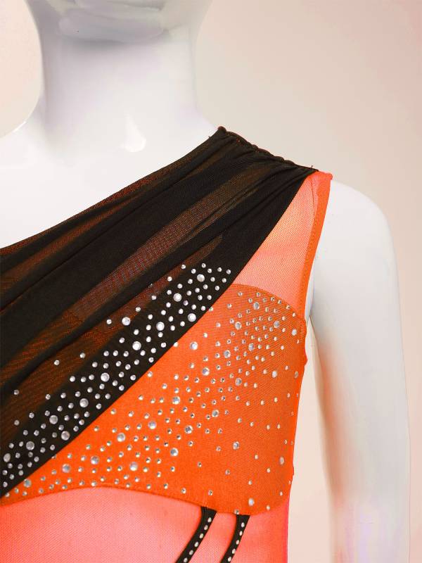 Girls Slseeveless Rhinestone Lyrical Dance Dress Color Block Skate Leotard Dress thumb
