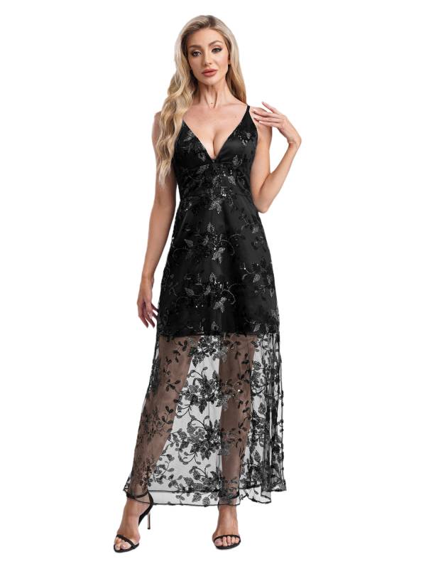 Women Sleeveless V-neck Sequins Embroidered Ankle Length Dress for Cocktail thumb