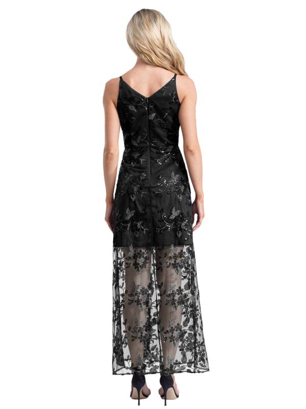 Women Sleeveless V-neck Sequins Embroidered Ankle Length Dress for Cocktail thumb