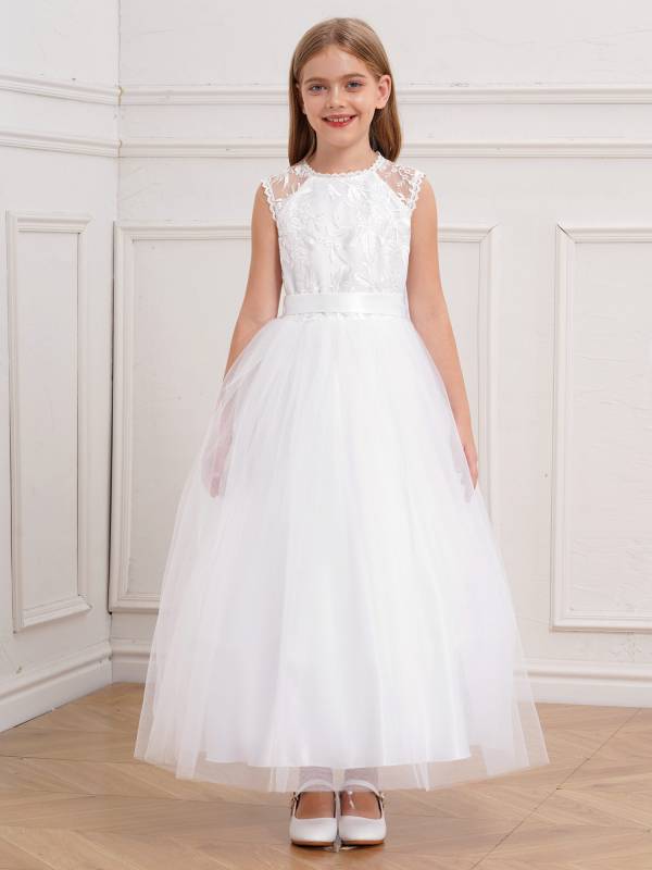 Kids Girls Sleeveless Lace A-line Flower-Girl Dress with Belt for Communion thumb