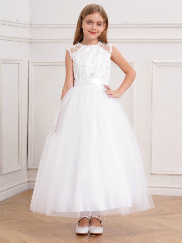 Kids Girls Sleeveless Lace A-line Flower-Girl Dress with Belt for Communion thumb