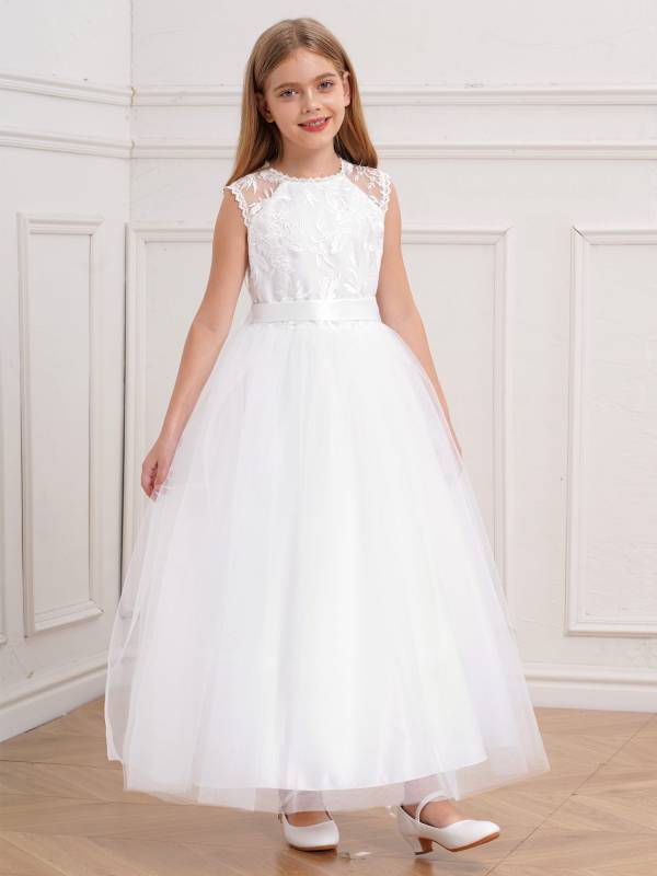 Kids Girls Sleeveless Lace A-line Flower-Girl Dress with Belt for Communion thumb
