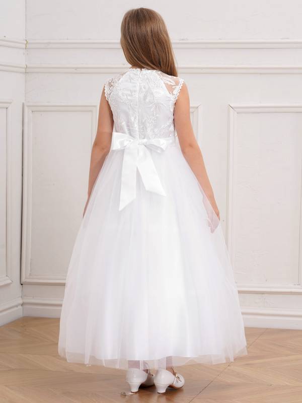 Kids Girls Sleeveless Lace A-line Flower-Girl Dress with Belt for Communion thumb
