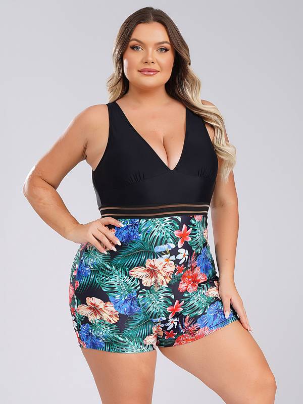 Women Plus Size One Piece Swimsuit Deep V Neck Sleeveless Padded Swim Jumpsuit thumb