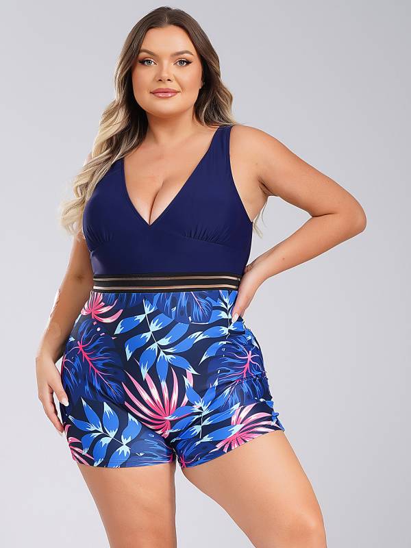 Women Plus Size One Piece Swimsuit Deep V Neck Sleeveless Padded Swim Jumpsuit thumb